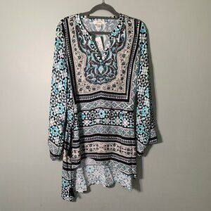 NEW CJ Banks long sleeve asymmetrical‎ patterned v-neck stretchy top shirt